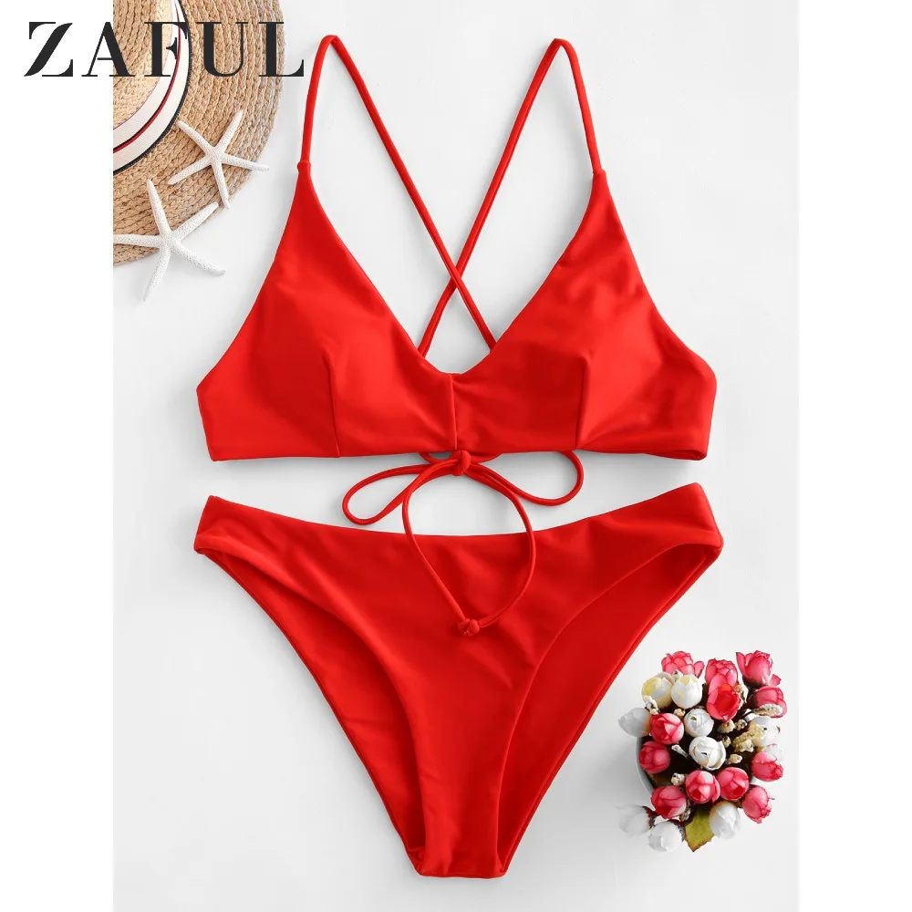 Женский купальник бикини ZAFUL однотонный с завязками на спине низкой талией