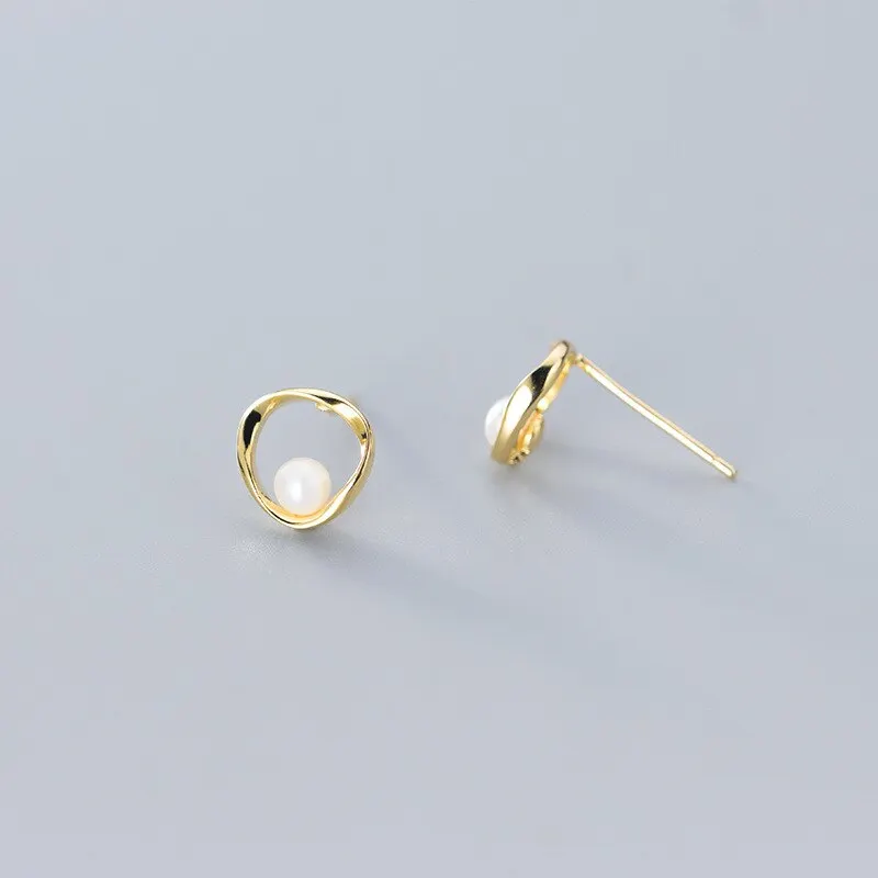 

A00343 Real 925 Sterling Silver Minimalist Geometry Hollow Pearl Small Stud Earrings for Women Sweet Chic Party Jewelry