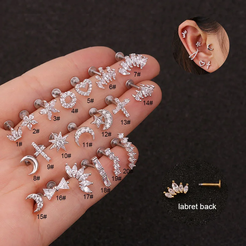 

Stainless Steel Piercing Stud Earrings Zircon Crown Geometric Ear Bone Nail Piercing Ear Nail For Women Puncture Body Jewelry