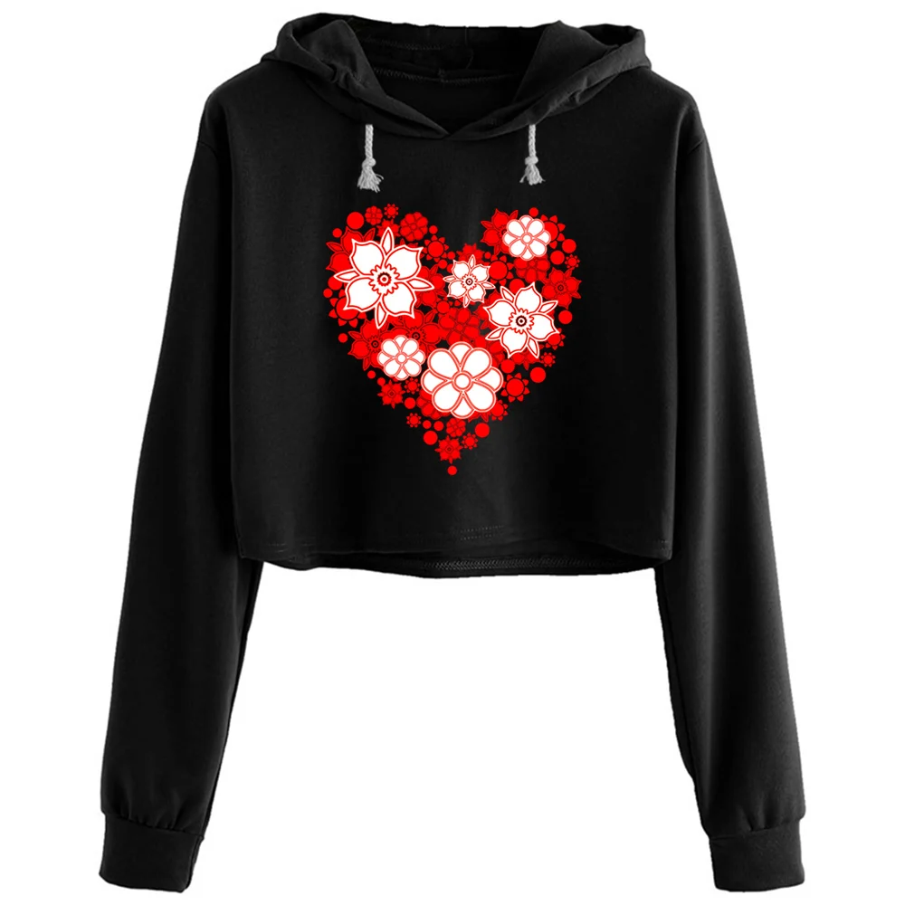 

Flower Heart Crop Hoodies Women Goth Grunge Harajuku Anime Pullover For Girls