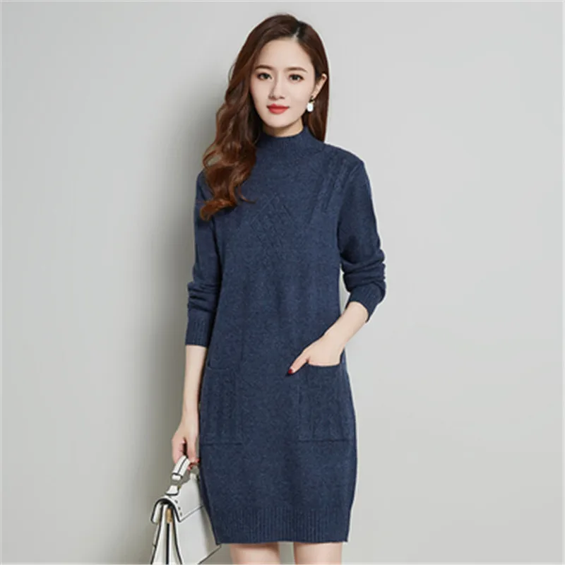 Осенне-зимнее вязаное платье-свитер женские свободные однотонные пуловеры с