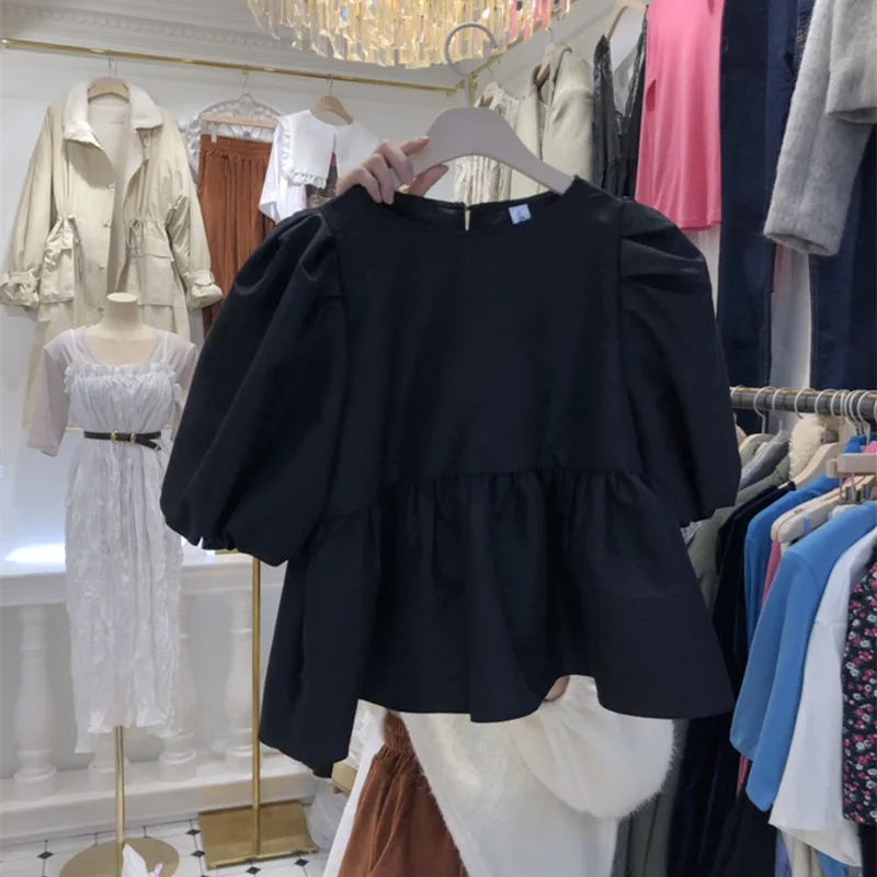 

Women Sweet Doll Shirt Korean Summer Causal O-neck Puff Short Sleeve Blusas Femme 2021 Spring New Blouse Tops