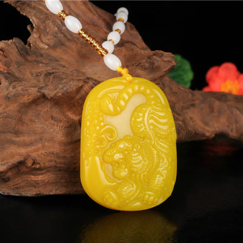 Натуральный желтый китайский нефритовый тигр подвеска бусины ожерелье модные