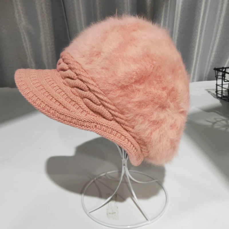 Women's hat winter rabbit hair knitted beret hat winter hats for women caps women fashion winter hat women's knitted hat - Цвет: pink