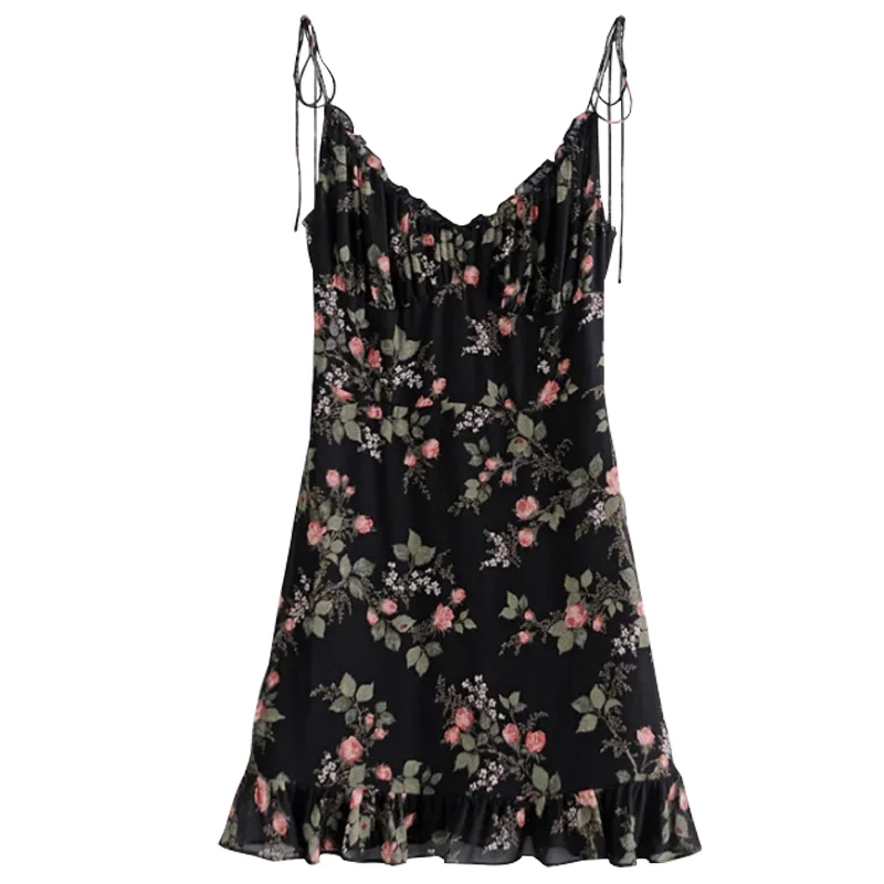 

Retro Floral Strap Ruffled A Line Dress for Women High Waist Sleveless Print Sexy Dress Female Bodycon Club Suspender Dress