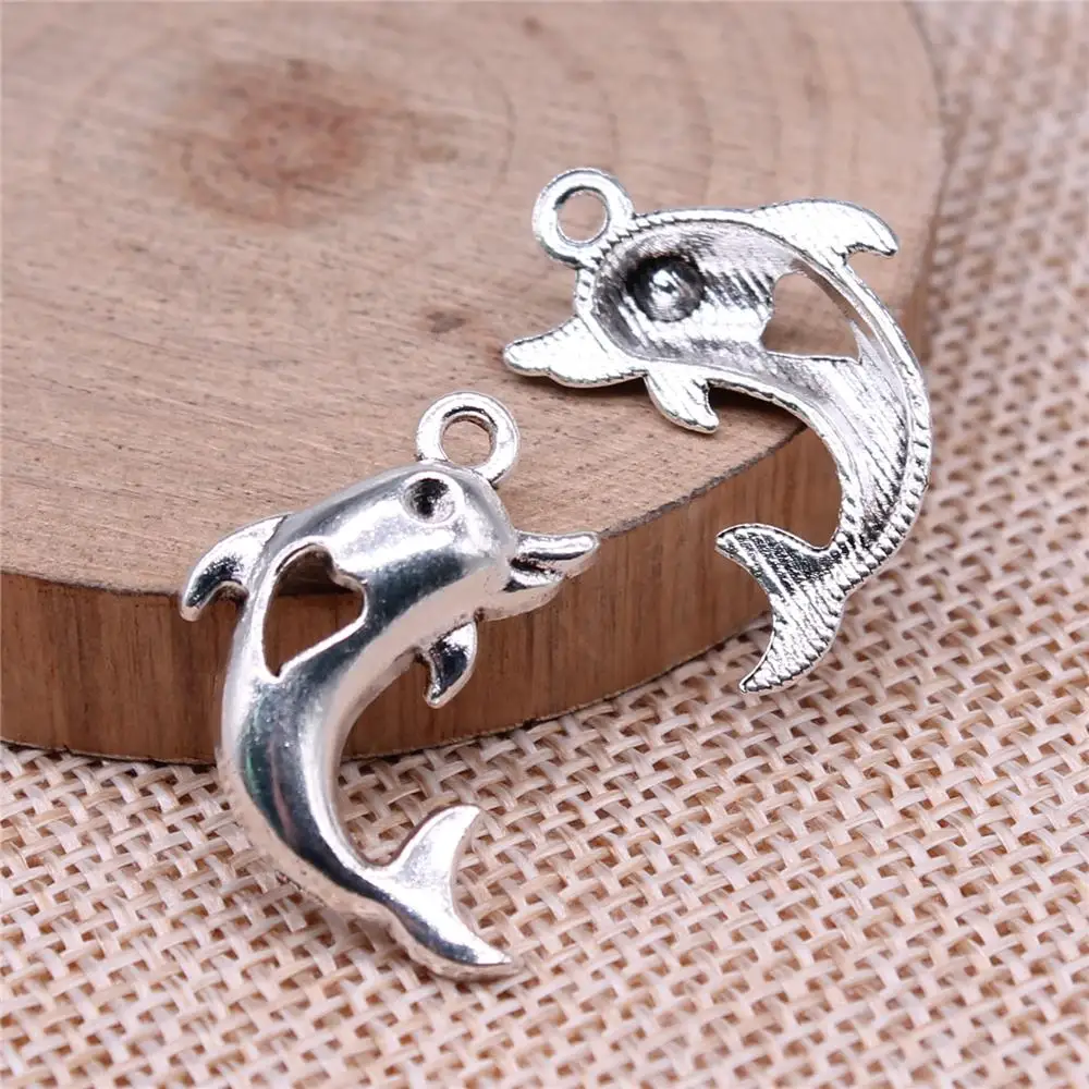 

Dolphin Charms For Jewelry Making Findings Handmade DIY Craft 10pcs Antique Silver Color 26x18mm