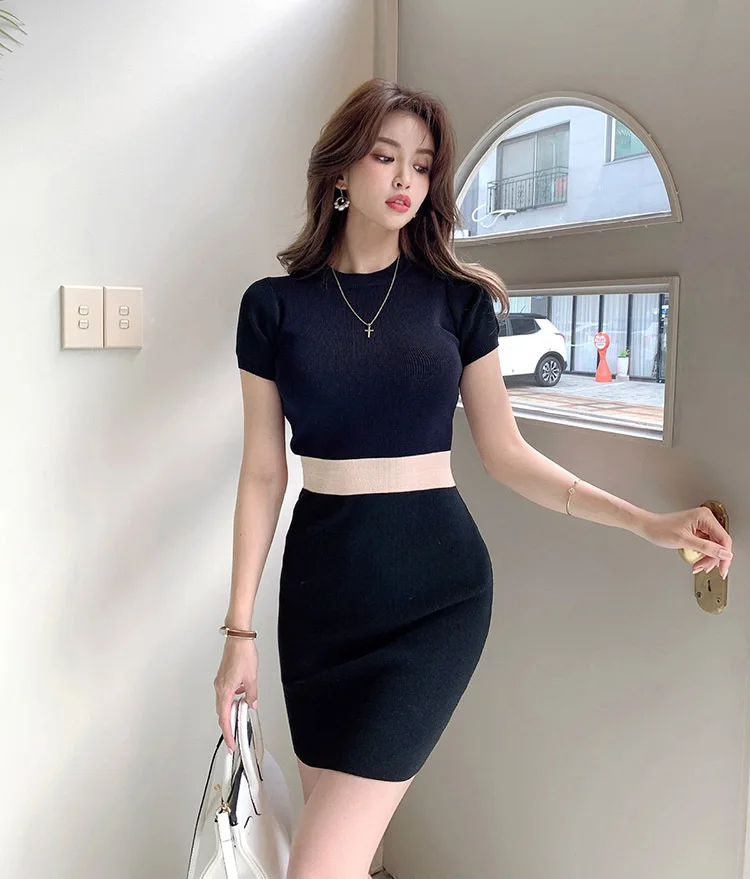 Women's new color matching dress slim slimming elastic short-sleeved knitted bag hip bottoming euro american simple round necked short sleeved chic port flavored elastic knitted dress with tight body and buttocks