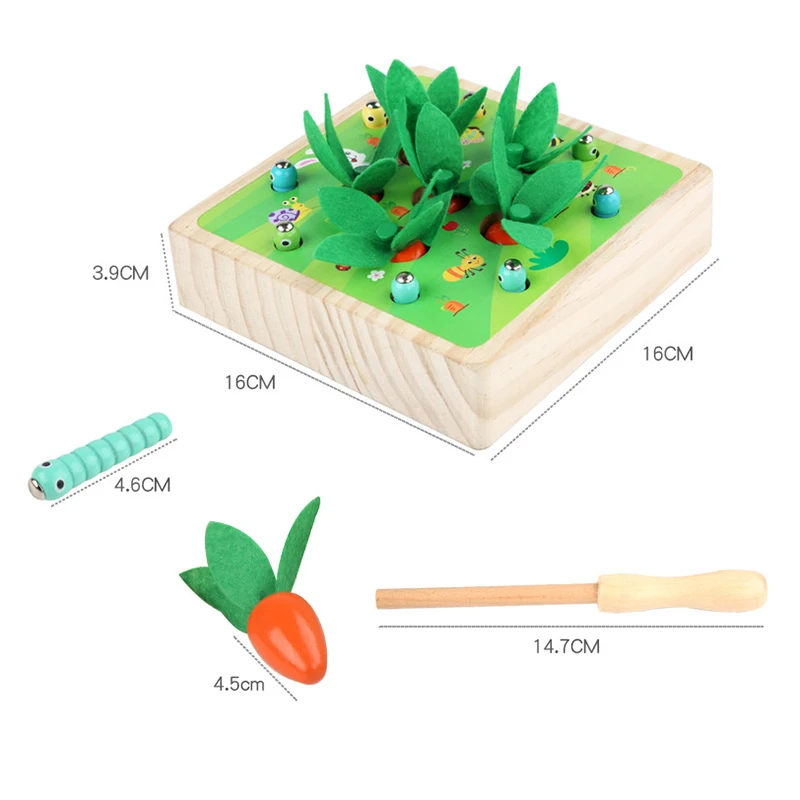 

Wooden pull radish catching bug toy puzzle and insert carrot magnetic catch bug game cognitive early education toy for kids new