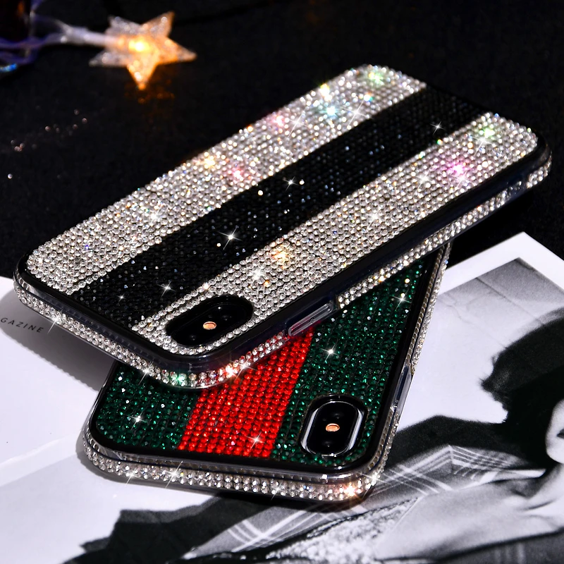 Модный женский чехол в полоску с бриллиантами для IPhone X Xs Max Xr 8 7 6 6s Plus, жесткий чехол для телефона, роскошный бренд, Fundas 8plus Capa