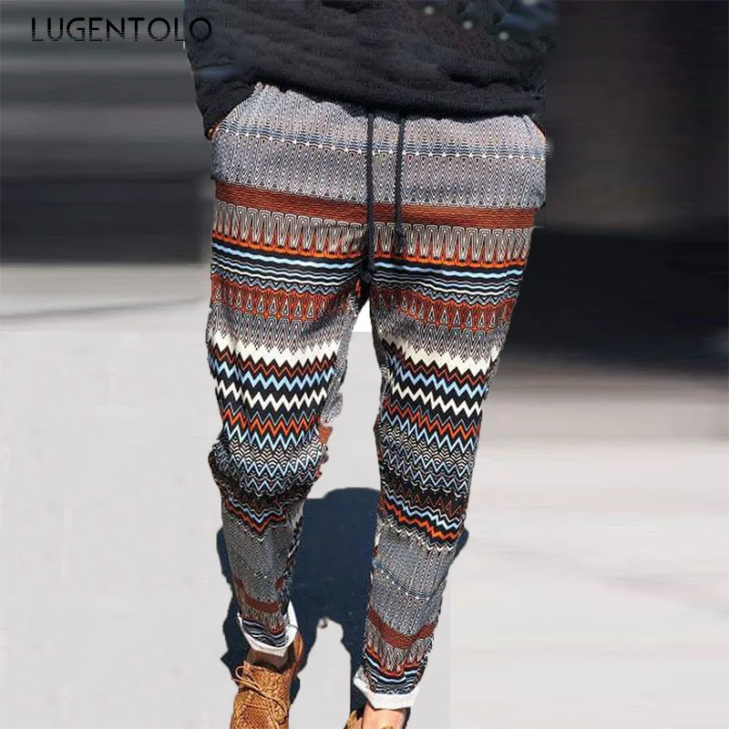 

Summer Pants Casual Youth Trend Slim Print Thin Straight Pocket Loose Drawstring Elastic Waist Men's Street Long Pants Lugentolo
