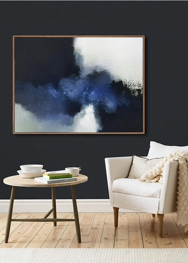 

Blue Abstract Painting Ocean Painting Black White Painting Large Wall Art Horizontal Wall Art Handmade Art Blue Oil Painting