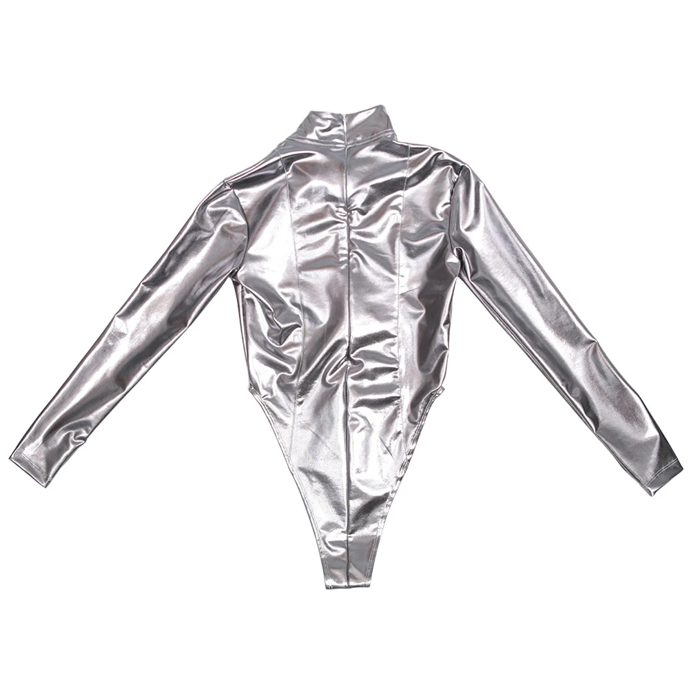 Боди с серебряным покрытием из искусственной кожи длинным рукавом высоким