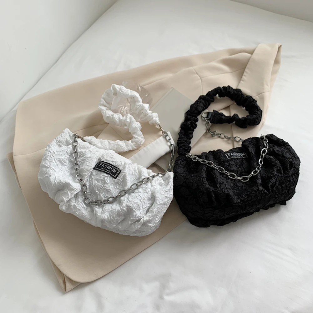 

Women Tote Shopping Handbags Vintage Women Pleated Canvas Shoulder Bag Ladies Embossing Chain Small Handbags Purse