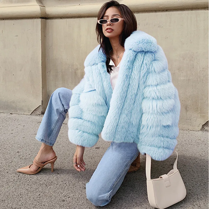 Winter Women Faux Fox Fur Coat Warm Thick Fashion Loose Coat Ladies Faux Fur Jacket Female Fluffy Jacket Oversized Coat Splicing