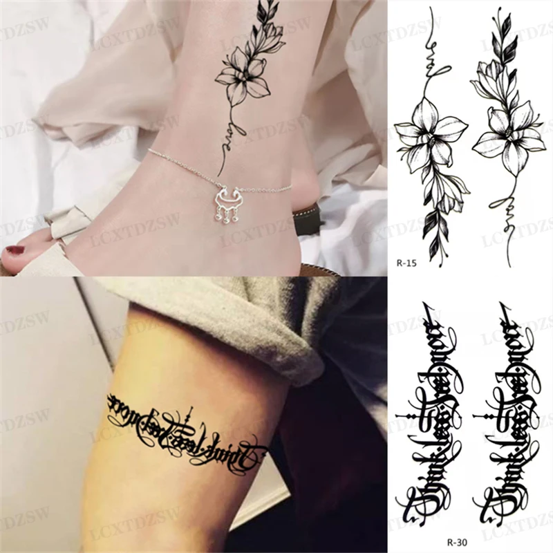 

Ankle Black Flower Flash Waterproof Fake Tattoos Temporary Sticker Women English Letter Tattoo Stickers Men And Women Body Art