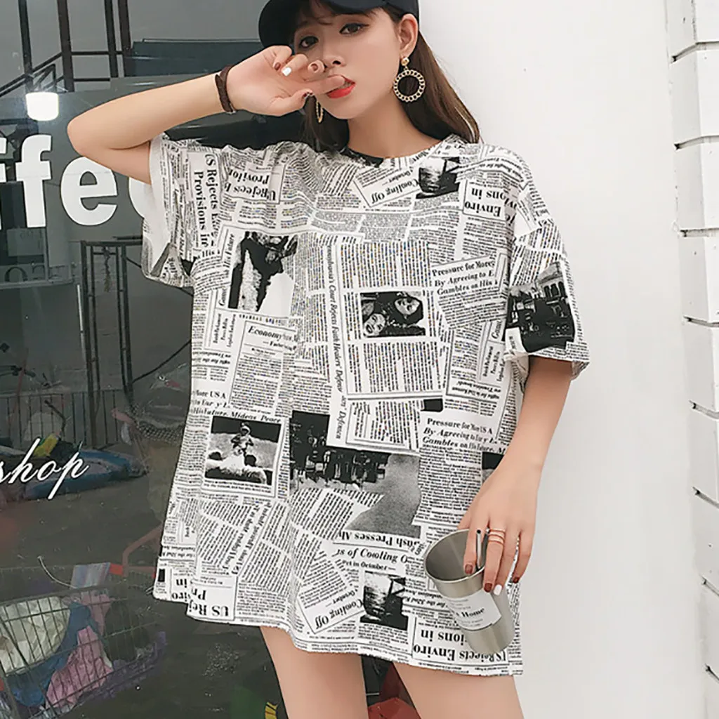 Женская футболка с принтом газет CHAMSGEND летняя коротким рукавом модель 2020 Harajuku
