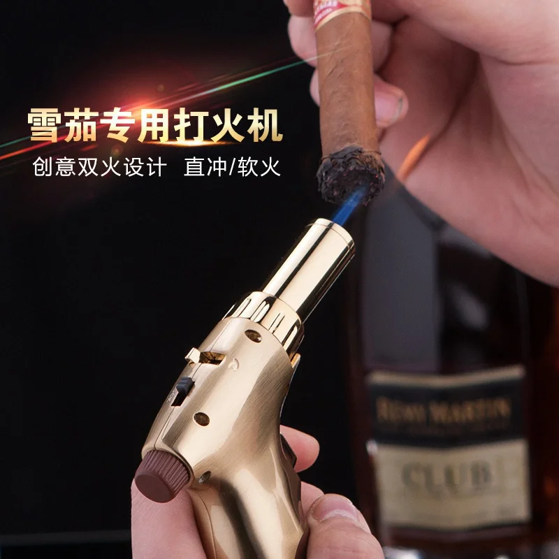 

Inflatable Cigar Lighter Welding Torch Windproof Double Flame Desktop Straight Lighter Spit Gun