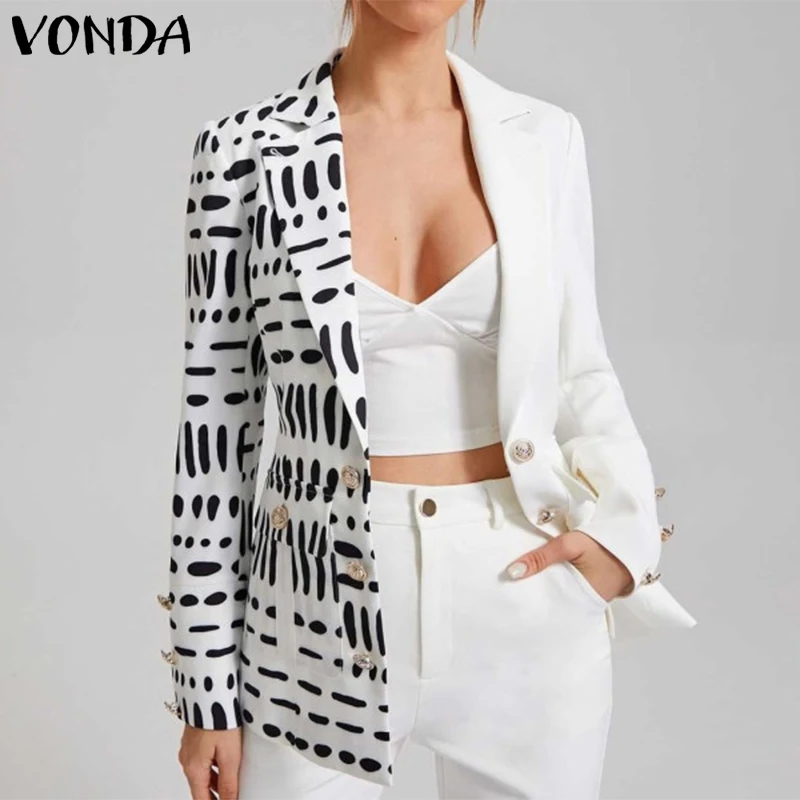 

Autumn Printed Coats With Pockets Veste VONDA 2022 Vintage Printed Long Sleeve Lapel Collar Suit Blazers Ladies Beach Outerwears