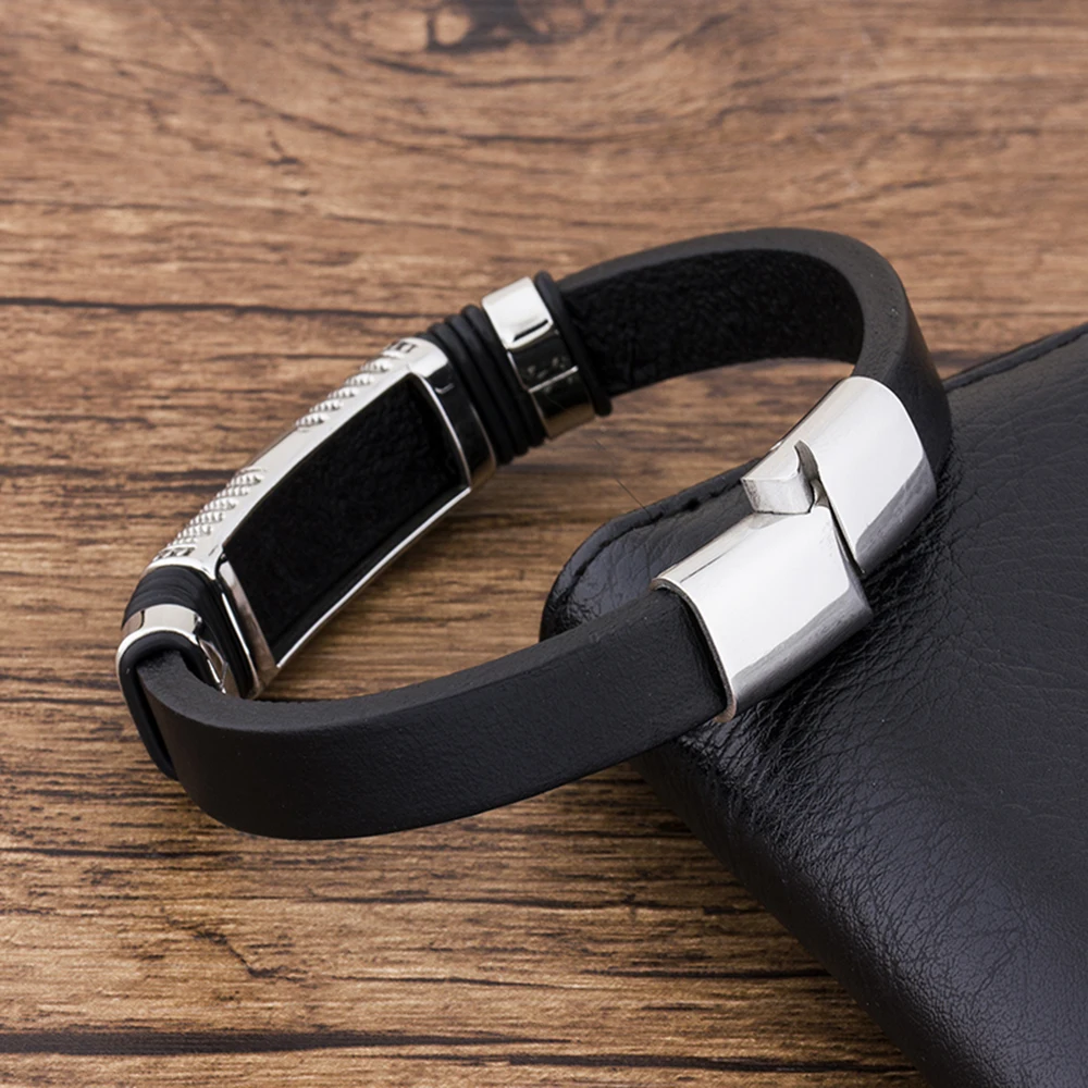 TYO модный шарм из нержавеющей стали черный кожаный мужской браслет ювелирные