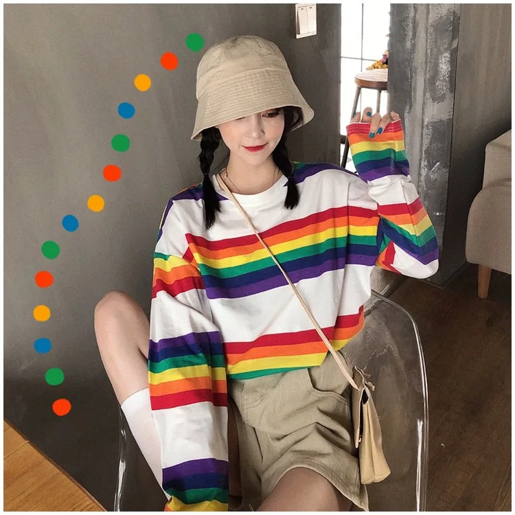 Women sweetshirts 2021 autumn Korean version of the rainbow striped long-sleeved loose top net red clothes Oversized hoodie tops