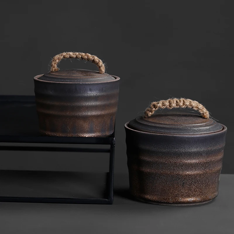 

Vintage Old Type Tea Storage Jar Ceramic Coarse Pottery Cylinder Seal Box with Lid Coffee Beans Cans Tanks Teaware Accessories