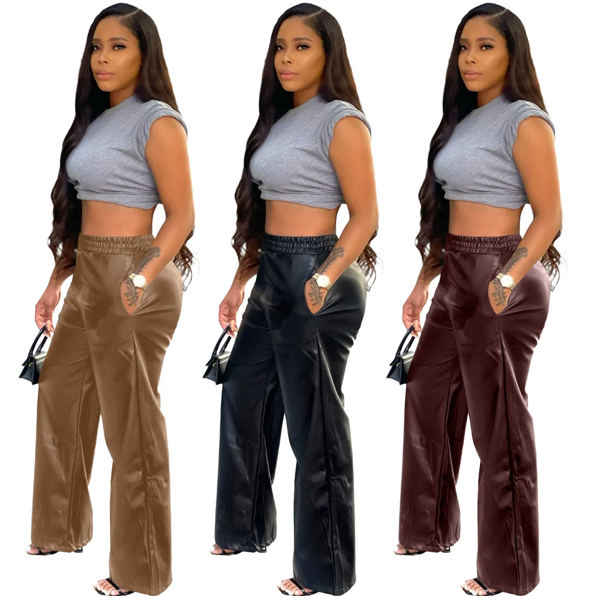 

Newest 2022 PU Pants Solid Trousers Night Club Elastic Waist Wide Leg Pants Wholesale Party Wear Autumn Winter Clothing 3 Colors