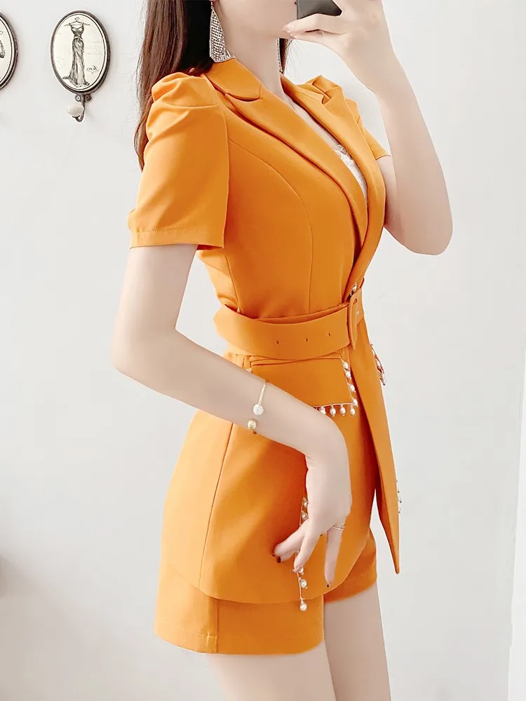 

Design Office Lady Short Sleeve Blazer Set Korean Style Belted Blazer Women Ensemble Veste Pantalon Femme Grande Taille