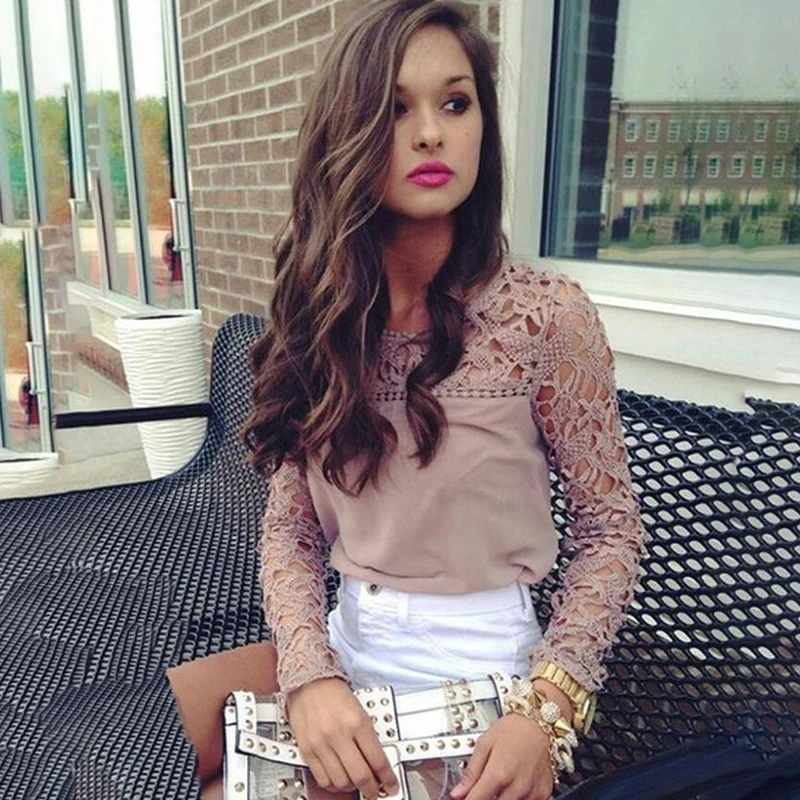 2019 Mulheres rosa Lace oco manga comprida blusa blusas para mulheres camisas |