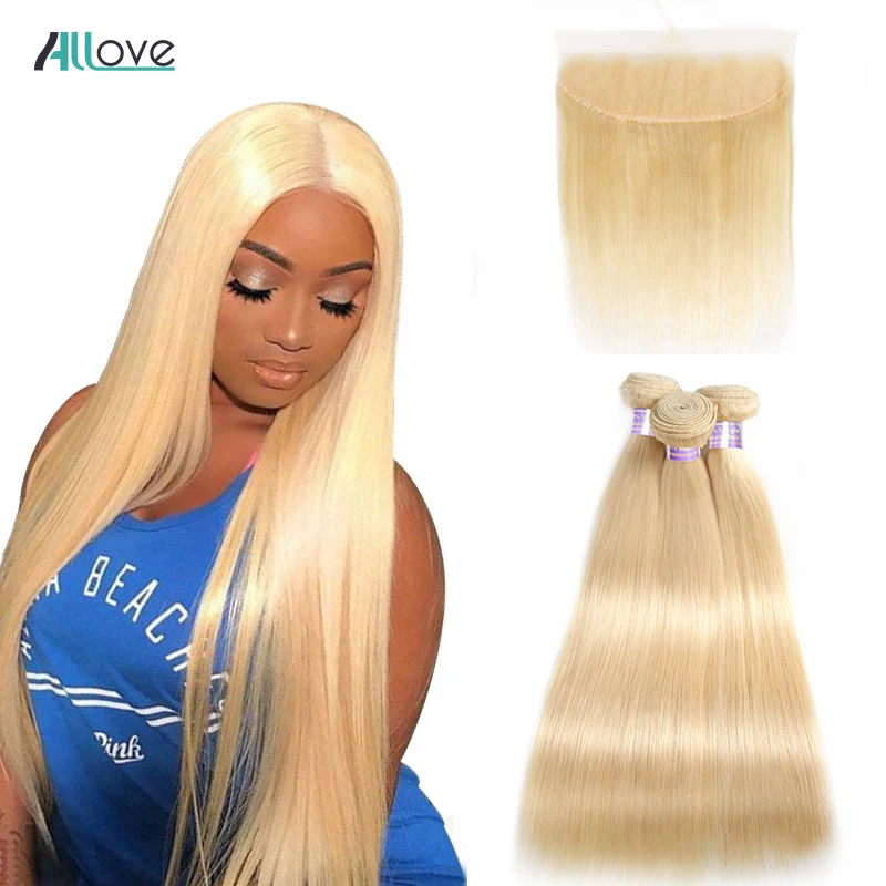 Allove платина блонд прямые волосы пучки с фронтальной бразильской связкой волос Remy