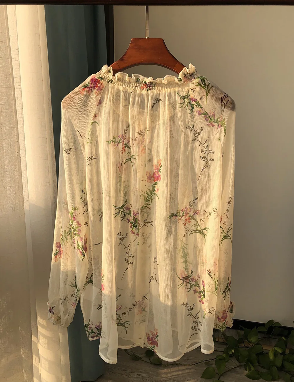 poet shirt High-end Women 100% Silk Floral Printing Long Sleeve Ruffled Blouse Shirt Top long sleeve blouse