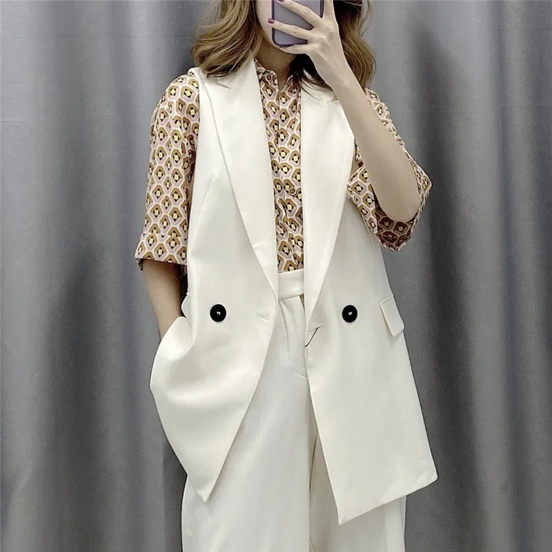 

Sleeveless Vests Jacket Outwear Elegant Office Lady Pocket Women Coat White Casual Brand WaistCoat Colete Feminino