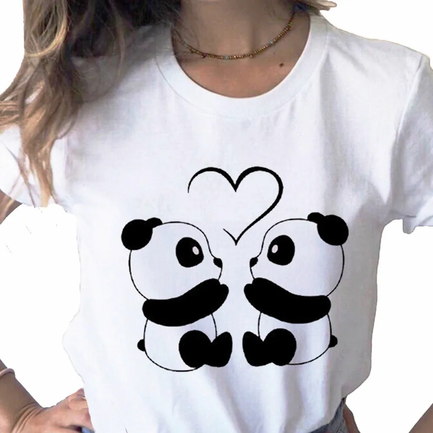 

Love Valentine Panda Cartoon Animal Tops print ladies T-shirt casual basis O-collar white shirt short sleeve T-shirt,Drop Ship