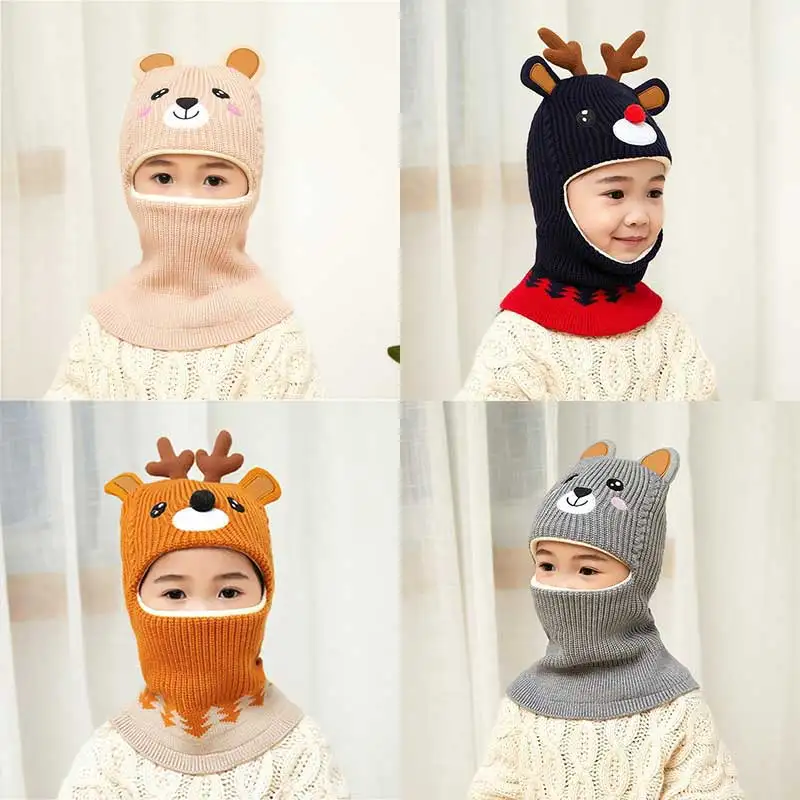 

New Year Winter Baby Hats Christmas Cartoon Animals Knitted Beanie Hat for Boy Girl Newborn Baby Protective Neck Cap Bonnet
