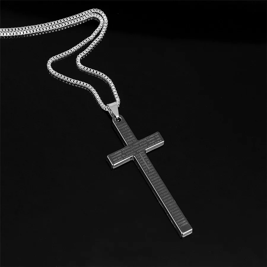 

Gothic Metal Long Cross Necklace Punk Style Trendy Men Pendant Bible Verses Jewelry Accessories Sweater Chain Gift