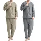 Мужская однотонная пижама с длинным рукавом и V-образным вырезом