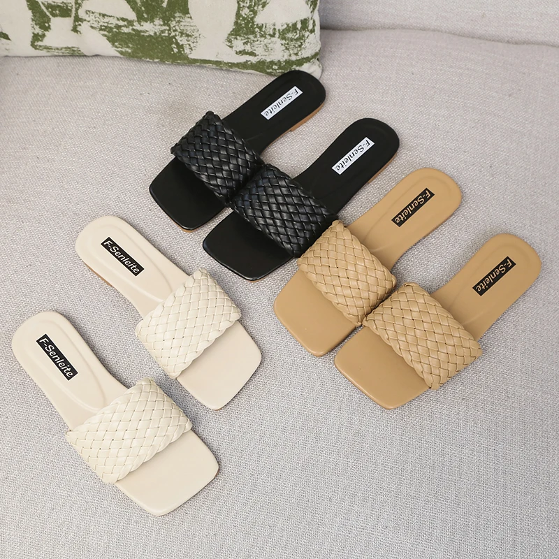 

Women Weave Slippers Ladies Flat Heels Shoes Fashion Summer Beach Slides Indoor Home Outdoor Slippers Slip on Sandals Big Size