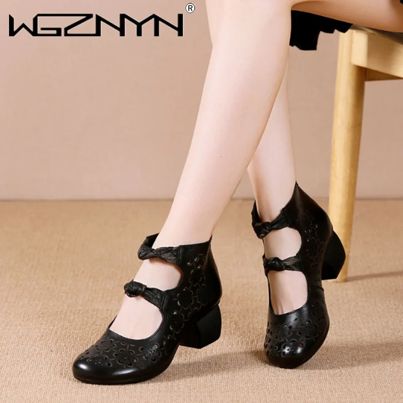 

NEW Summer Autumn Women's Leather Sandals Thick Heel Soft Sole Sandals Retro Fashion Mid-heel Hollow Leather Gladiator Sandals