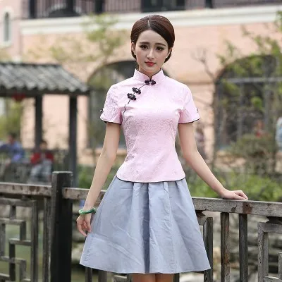 pink Cheongsam tops Sheng Coco Black China Blouse Women Traditional Chinese Shirt Clothing Chinese Jacquard Cotton Cheongsam Shirt Flower Buckle Top - Цвет: pink Cheongsam tops