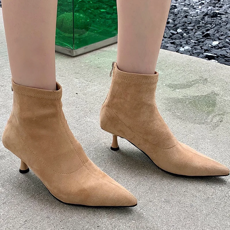 

Женские ботинки на высоком каблуке, модные вельветовые ботинки с острым носком, на молнии, на тонком каблуке, 2021