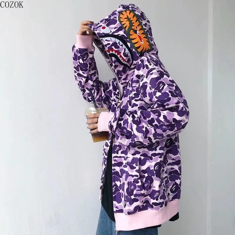 

Camouflage shark head lovers Anime Hoodies Winter Fashion Camouflage Couples Wear Hoody Casual Cardigan Hooded Bape Shark Coat
