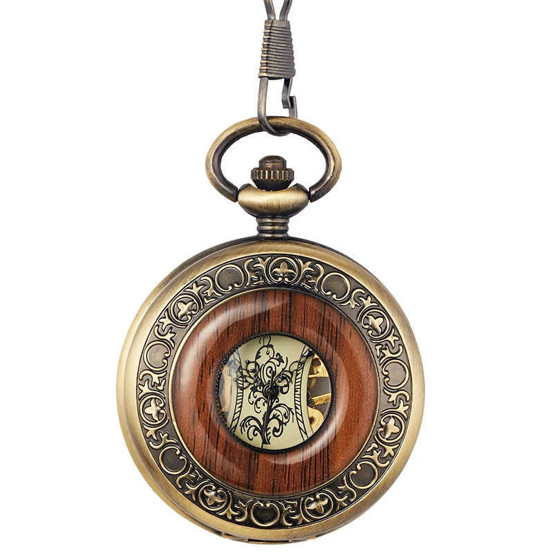 Antique Wood Mechanical Pocket Watch for Collection Roman Numerals Wooden Skeleton Dial Fob Clock with Gift Box for Dropshipping
