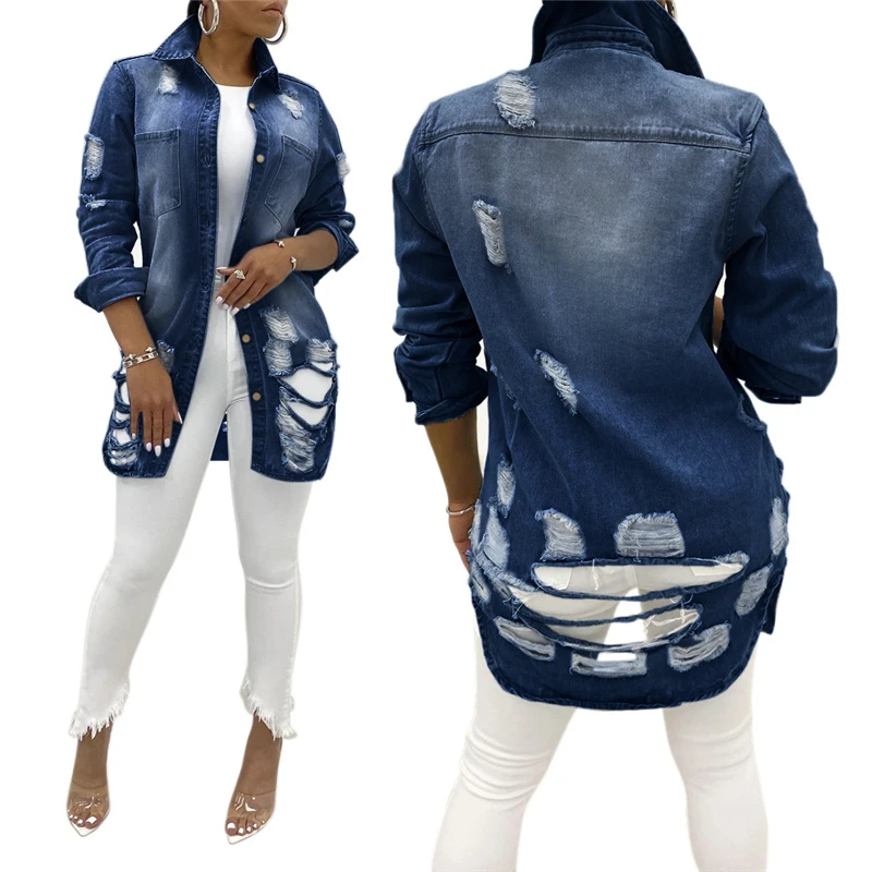 

FY Jacket Women’s Casual Long-sleeved Denim Coat Solid Color Ripped Lapel Single-breasted Jacket Turn-down Collar Coat