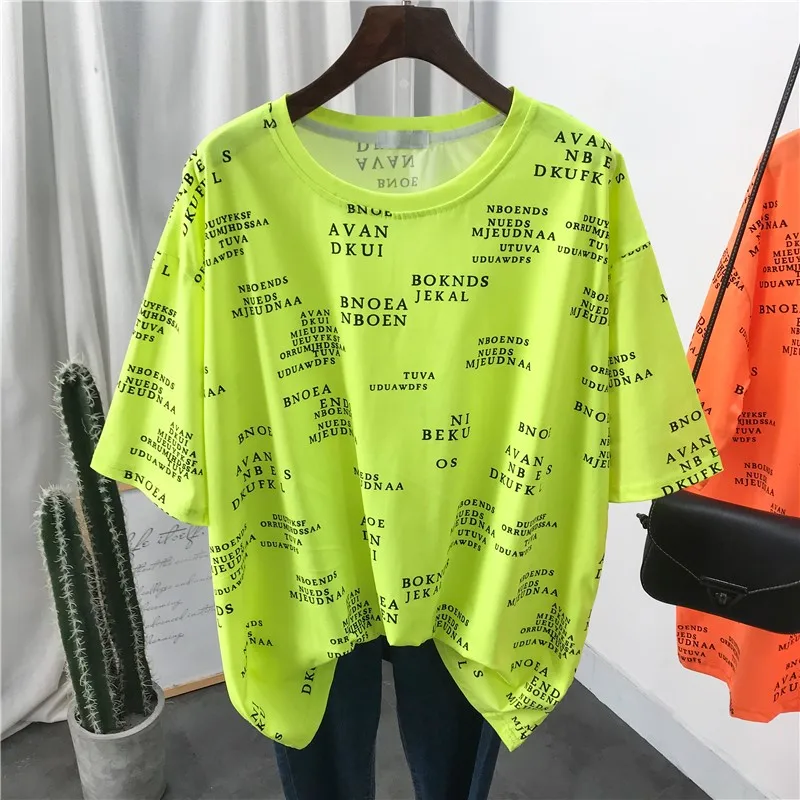 Letter Streetwear Tee Top Women Summer 2020 New Short Sleeve Fluorescent T Shirt Female Lazy Loose Casual T-shirt Young Lady | Женская