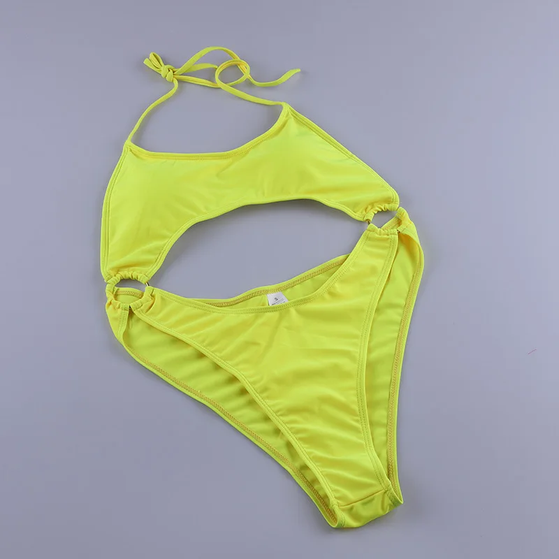 

Yellow Halter Cut Out Front Backless One Piece Swimsuit Sexy Monokini Bathing Suit High Leg Cut Swimwear for Women