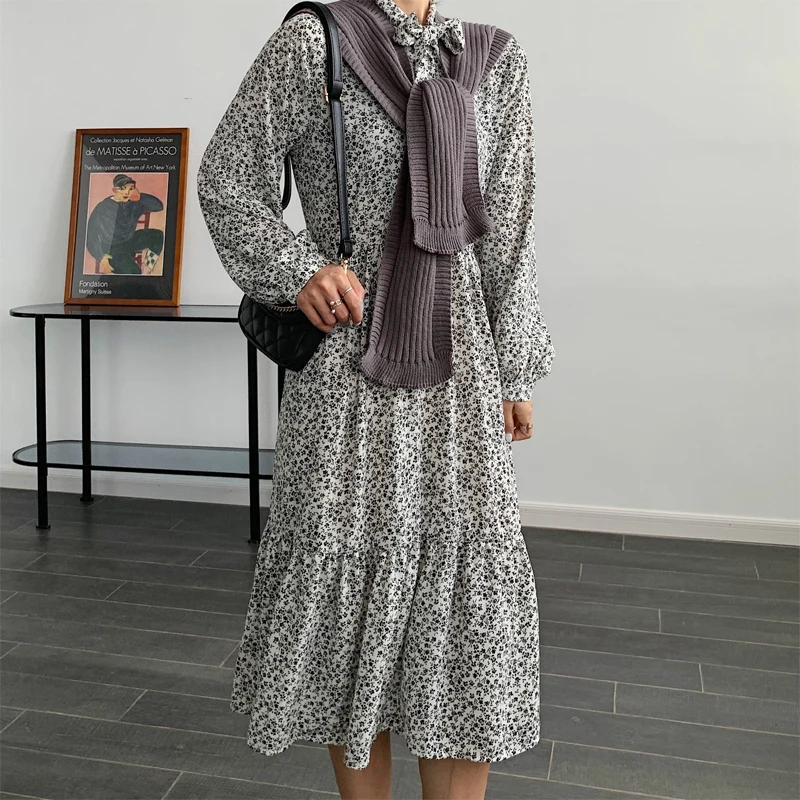 

Spring and Autumn Women's Casual Flower Printed Bowknot Decorated Patchwork Dress