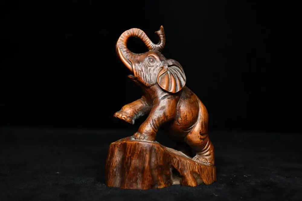 

Wedding Decoration 5" China Lucky Seikos Boxwood Elephant statue Small elephant uphill wood carving