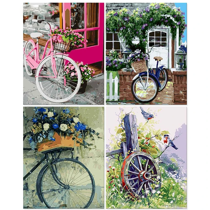 

PhotoCustom Bicycle Scenery Oil Paint By Numbers DIY Painting By Numbers On Canvas 40x50cm Frame Landscape Hand Painting Decor