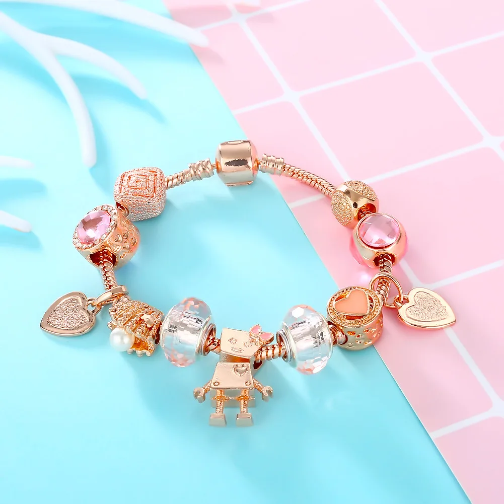 Розовые Кристальные Пандора браслеты и золотой робот с камнями для женщин Femme