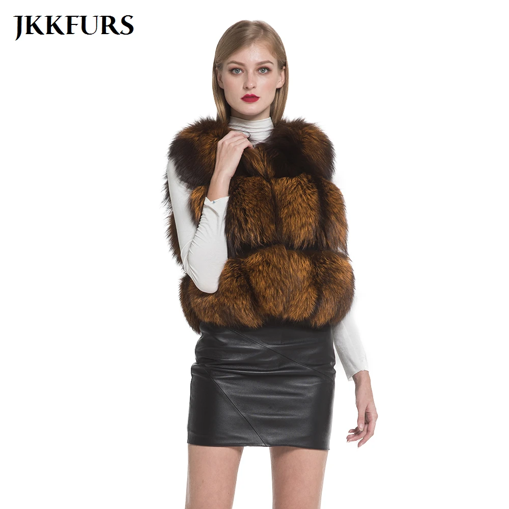 JKKFURS/Новое поступление женский жилет на натуральном меху с серебряной лисой