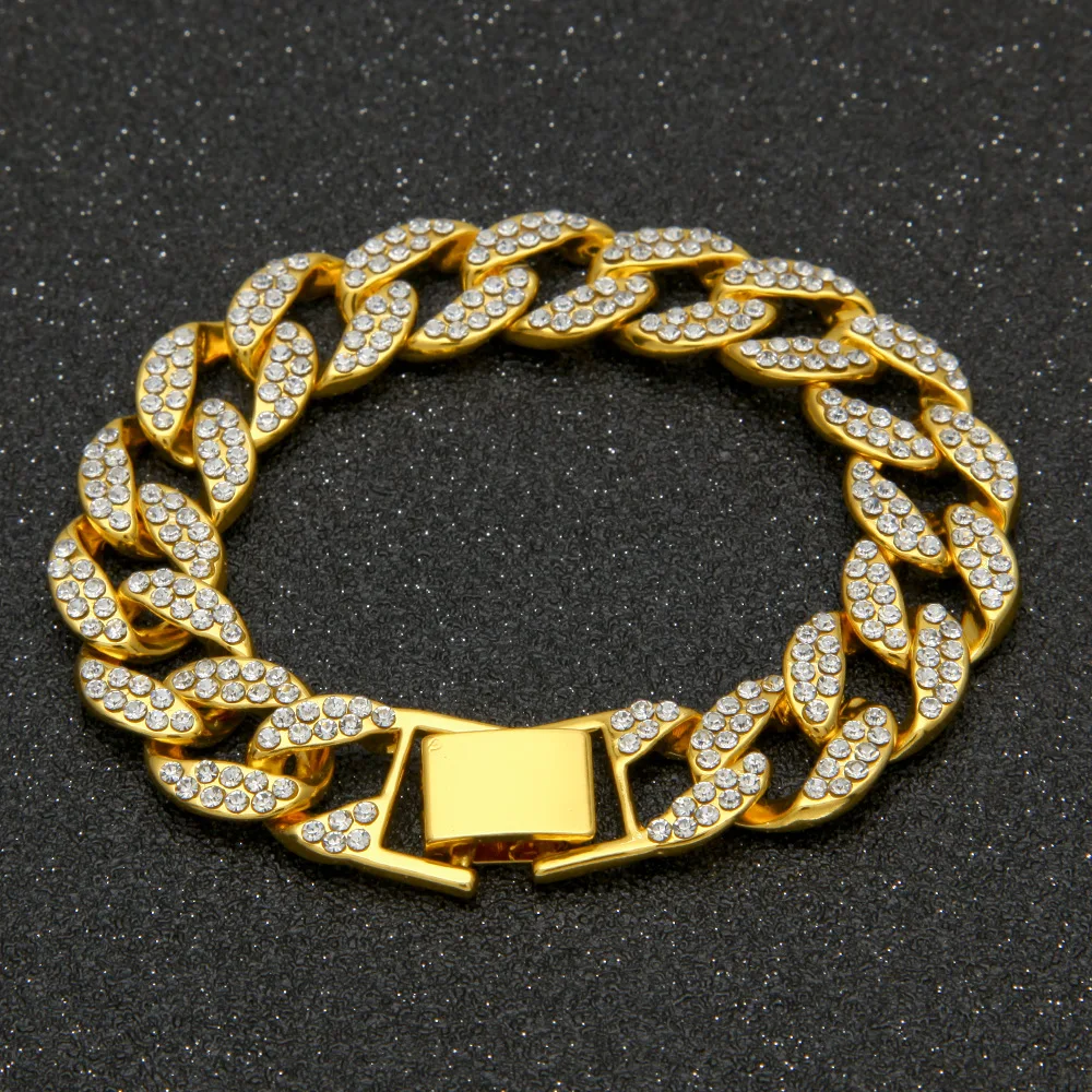 

Iced Out 15mm Women Bling Full Rhinestone Miami Cuban Link Chain Hip Hop Bracelet Bangle Gold Silver Color Bracelets for Men